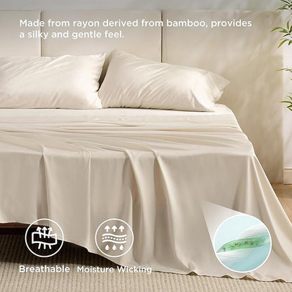 Bedsure California King Sheet Sets, Cooling Sheets, Rayon Derived from Bamboo, Breathable & Soft, Deep Pocket Up to 16 Inches, Hotel Luxury Silky Bedding for Hot Sleepers, Light Beige