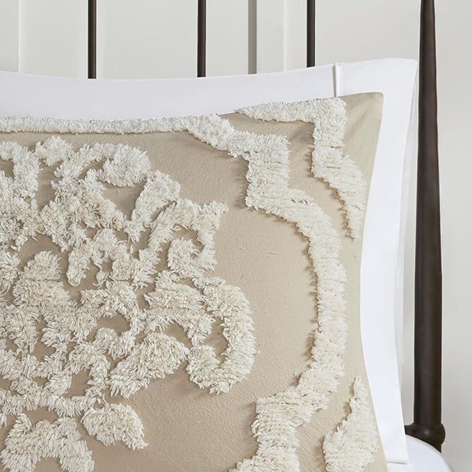 Madison Park Tufted Chenille Cotton Comforter All Season Bedding Set, Matching Shams, Full/Queen(90"x90"), Viola, Damask Taupe 3 Piece (MP10-7102)