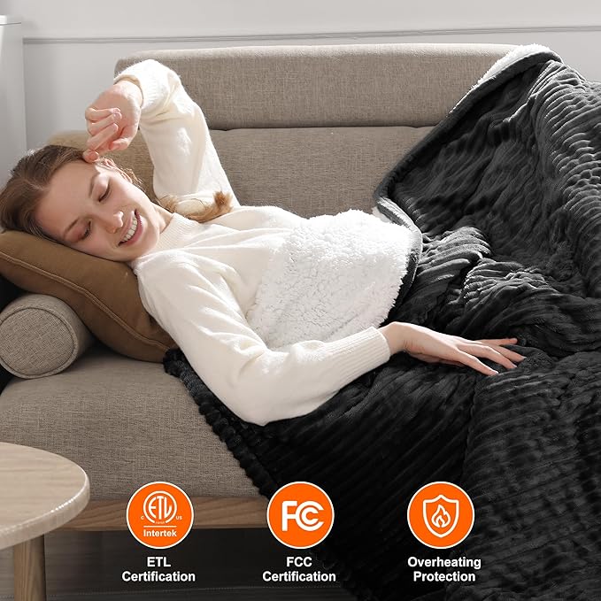 Electric Blanket Twin Heated Blanket 62"x84" Striped Flannel & Thick Sherpa, 5 Heat Settings & 10 Hour Auto Off with FCC/ETL Certified, Overheat Protection & Machine Washable, Charcoal Grey