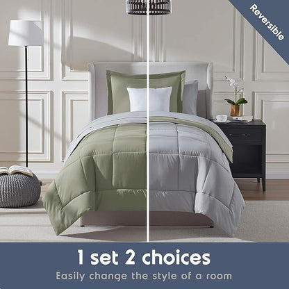 Nestl 5 Piece Twin Comforter Set – Light Sage Reversible Bed in a Bag – Complete Twin Size Bedding Set with Sheets, Pillowcase and Sham