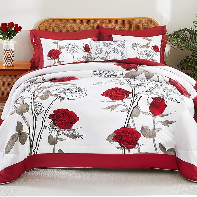 EVENHUG King Size Comforter Set 7 Pieces Red Rose Floral Bedding Sets for All Season Bed in a Bag with Flowers Comforter and Flat Sheet, Fitted Sheet, Pillowcases (104"x90")