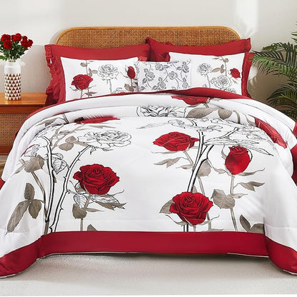EVENHUG King Size Comforter Set 7 Pieces Red Rose Floral Bedding Sets for All Season Bed in a Bag with Flowers Comforter and Flat Sheet, Fitted Sheet, Pillowcases (104"x90")