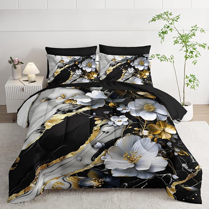 7 Piece Marble Floral Comforter Set King，Black and White Marble Bedding Set，Black and Gold Marble Bedroom Decor，(1 Comforter, 1 Flat Sheet, 1 Fitted Sheet, 2 Pillowcase and 2 Pillow Sham)
