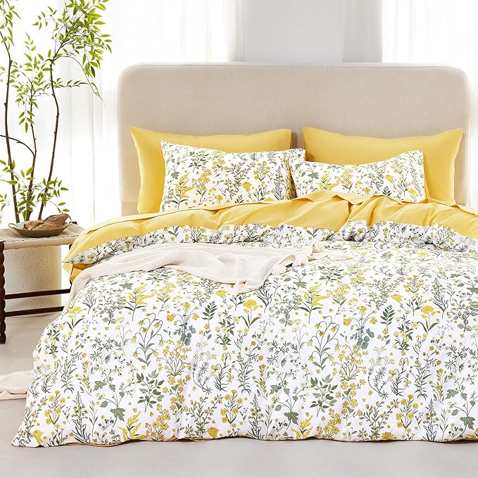 Wake In Cloud - Floral Comforter Set, Shabby Chic Cottage Garden Botanical Flower Style with Elegant Wildflower Pattern, Soft Lightweight Bedding, 3 Pieces, Yellow White, Twin/Twin XL Size