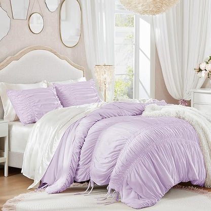 Intelligent Design Queen Comforter Set Ruched Shabby Chic Comforters for Queen Size Bed, All Season Lightweight Purple Ruffle French Country Bedding Set, Shams, Ella, Full/Queen, Lavender 3 Piece