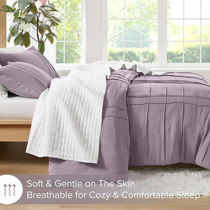 Comfort Spaces Purple Full Size Comforter Set - 3 Pieces Pintuck Pleated Bedding Sets, All Season Lightweight, Extra Softness Pre-Washed Microfiber Full Bed Set, Shams, Full