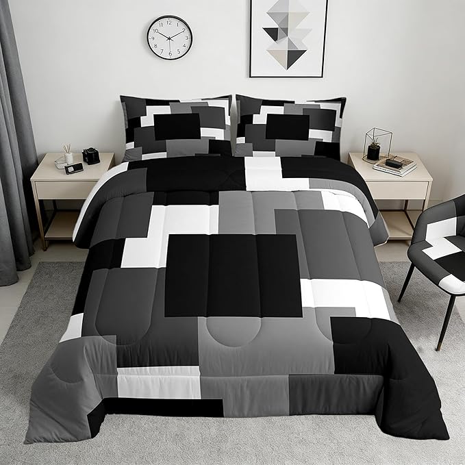 Castle Fairy Black Grey Comforter Set King Size,Black White Geometric Down Alternative Adults Bedroom Decor,Modern Square Splicing Ultra Soft Microfiber Inner Fill 3 Pcs Bedding