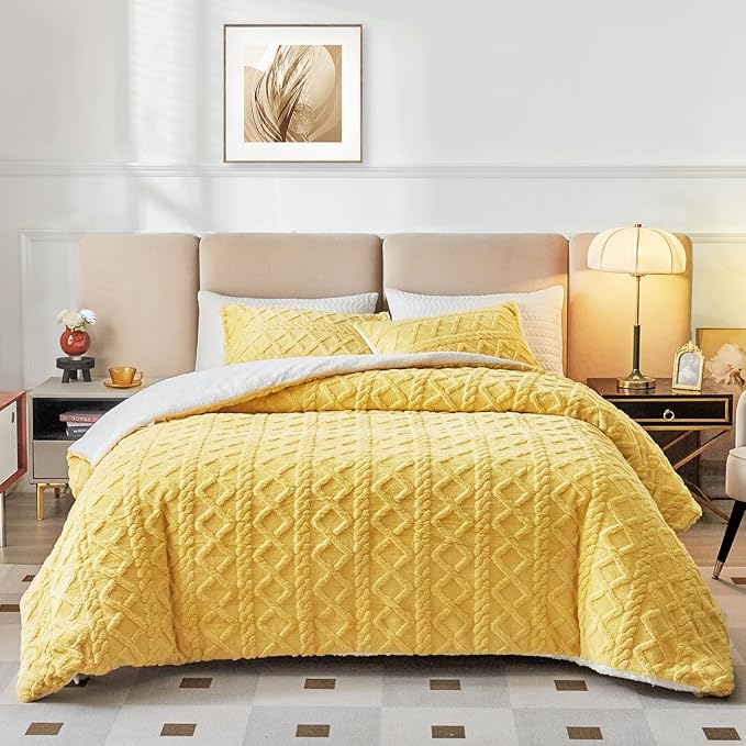 Joyreap 3-Piece Fluffy Faux Fur Sherpa Comforter Set, Twin Size Luxury Tufted Bedding Comforter Set, All Season Soft n Cozy Plush Comforter Bed Set- Yellow, 68x86 inches