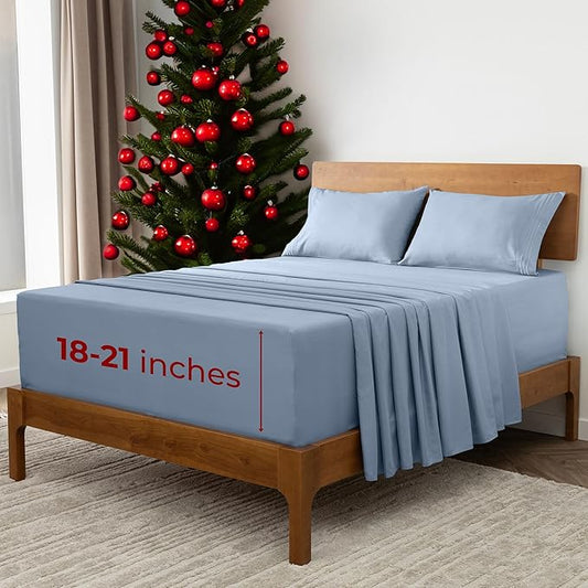 Mellanni Extra Deep King Sheets - 4 PC Iconic Collection Bedding - Hotel Luxury, Ultra Soft, Cooling Bed Sheets - Wrinkle, Fade, Stain Resistant (King, Blue Hydrangea)