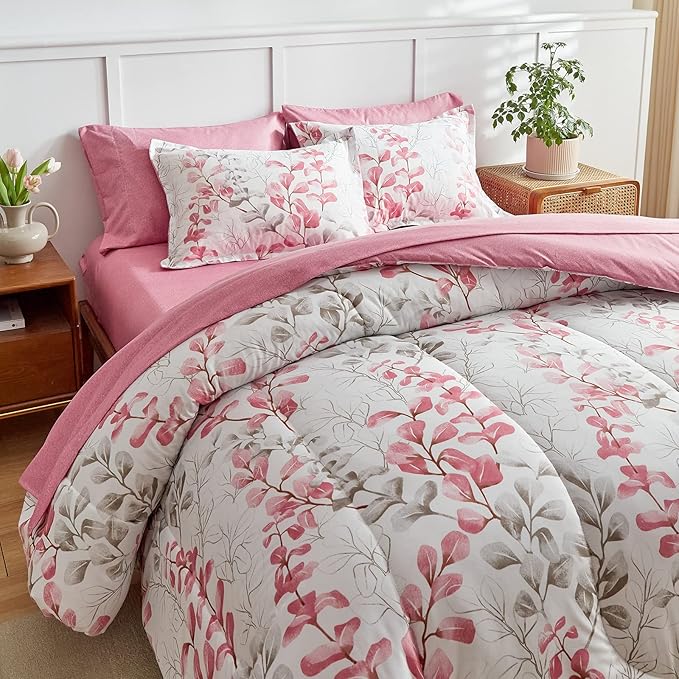 Pink Floral Comforter Sheet Set Bed in a Bag 7 Pieces King Pink Gray Flower Leaves Bedding Set (1 Comforter 2 Pillow Shams 1 Flat Sheet 1 Fitted Sheet 2 Pillowcases)