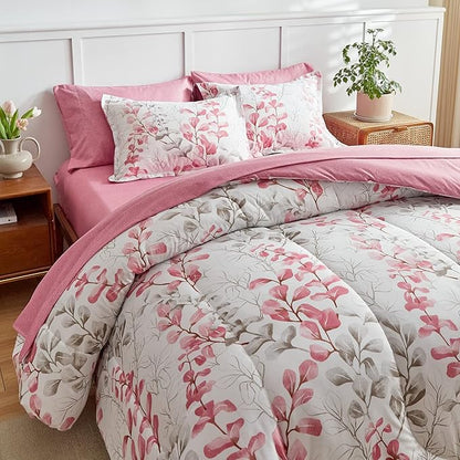 Pink Floral Comforter Sheet Set Bed in a Bag 7 Pieces King Pink Gray Flower Leaves Bedding Set (1 Comforter 2 Pillow Shams 1 Flat Sheet 1 Fitted Sheet 2 Pillowcases)