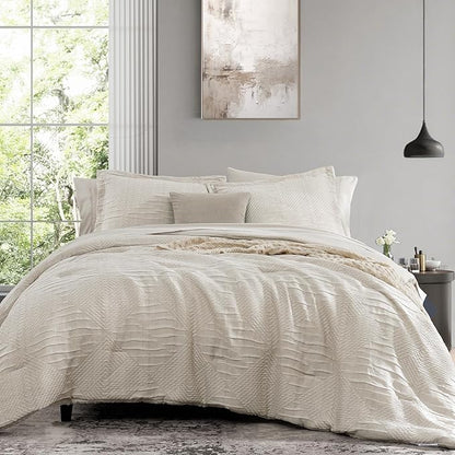 MaiRêve Full Size Comforter Set Beige, Crinkle Textured Design Boho Bedding Set 7 Pieces Bed in A Bag, All Season Geometric Comforter Set with Sheets, Pillowcases & Shams