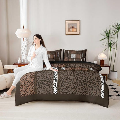 Castle Fairy Leopard Print Comforter Set Full Size,Brown White Wild Animal Skin Bedding Set,African Cheetah Wildlife Patchwork Bed Set 7 Pieces(Comforter+Fitted+Flat Sheet+Pillowcase+Pillow Cover)