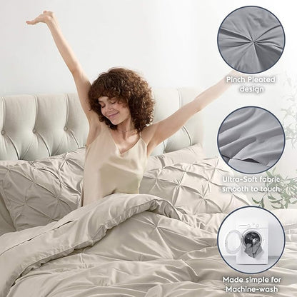 Nestl King Size Comforter Set 7 Pieces - Pinch Pleated Comforter Set in Beige, Bed in a Bag, All Season Bedding Set with Flat Sheet, Fitted Sheet, Pillowcases and Shams