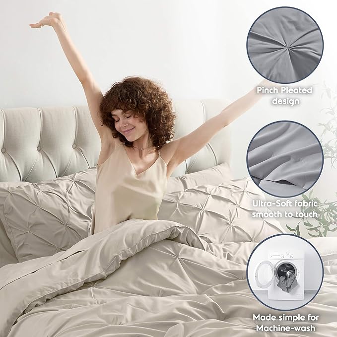 Nestl Queen Comforter Set 7 Piece - Pinch Pleated Comforters Queen Size Beige, Bed in a Bag Queen All Season, Queen Size Comforter Sets Bedding with Flat Sheet and Fitted Sheet, Pillowcases and Shams