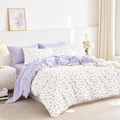 Wake In Cloud - Floral Comforter Set with Sheets, Coquette Cottagecore Aesthetic Flower Shabby Chic Pattern for Women Teen Girls, 7 Pieces Bed in a Bag, White Purple, Queen Size
