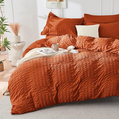 HYMOKEGE Burnt Orange California King Comforter Set Seersucker 7 Pieces, All Season Luxury Bed in a Bag for Bedroom, Bedding Set with Comforters, Sheets, Pillowcases & Shams