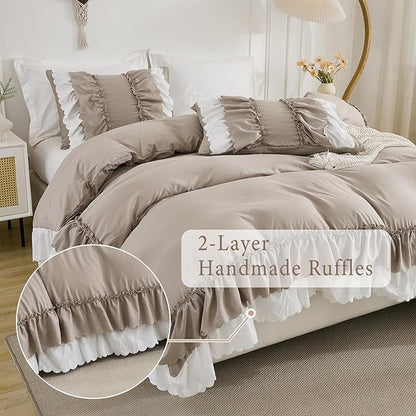 Herside Taupe Ruffle Comforter Set Queen Size,Shabby Chic Boho Bedding Sets, Soft Fluffy Comforters Sets for All Season,Vintage Ruffled 3 Pcs Microfiber Lightweight Quilt Set for Women Girls