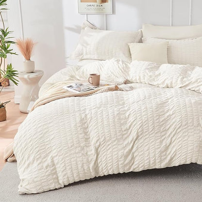 HYMOKEGE Ivory California King Comforter Set Seersucker 7 Pieces, All Season Luxury Bed in a Bag for Bedroom, Bedding Set with Comforters, Sheets, Pillowcases & Shams