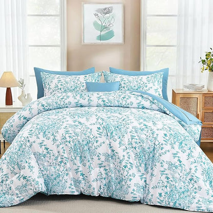 WONGS BEDDING Queen Size Comforter Set, 8 Pieces Teal Floral Bed in a Bag Comferter Sets, Botanical Print Soft Fluffy Microfiber Complete Bedding Sets for All Season (90"x90")