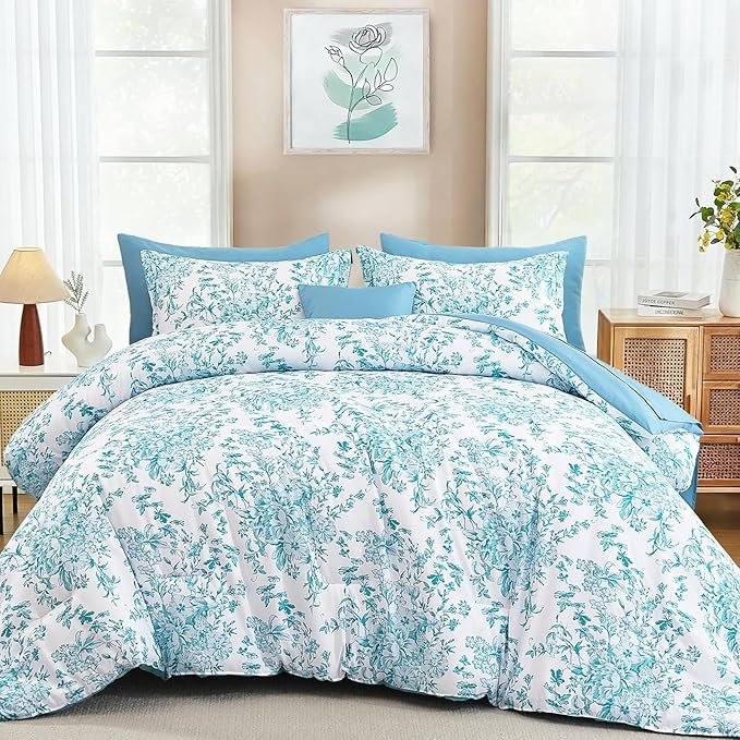 WONGS BEDDING King Size Comforter Set, 8 Pieces Teal Floral Bed in a Bag Comforter Sets, Botanical Print Soft Fluffy Microfiber Complete Bedding Sets for All Season (90"x104")