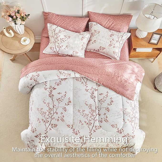 AIKASY Queen Comforter Set 7 Pieces- Soft Microfiber, Reversible Cute Floral Bedding Comforter Sets (1 Comforter, 2 Pillow Shams, 1 Flat Sheet, 1 Fitted Sheet, 2 Pillowcases)