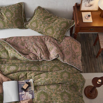 mixinni Muslin Cotton Vintage Olive Green Floral Comforter Set Twin XL Size 3pcs Yarn Dyed Jacquard Weave Paisley Pattern Bedding Comforter Soft Breathable Bedding Sets for All Season-Twin XL Size
