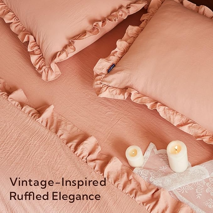 MR&HM Coral Pink Comforter Set Full Size for Girls Women 7 Pieces, Shabby Chic Vintage Cottagecore Bed Sets Elegance Boho Bed in a Bag, Ultra-Soft & Fluffy Comforter for All Season