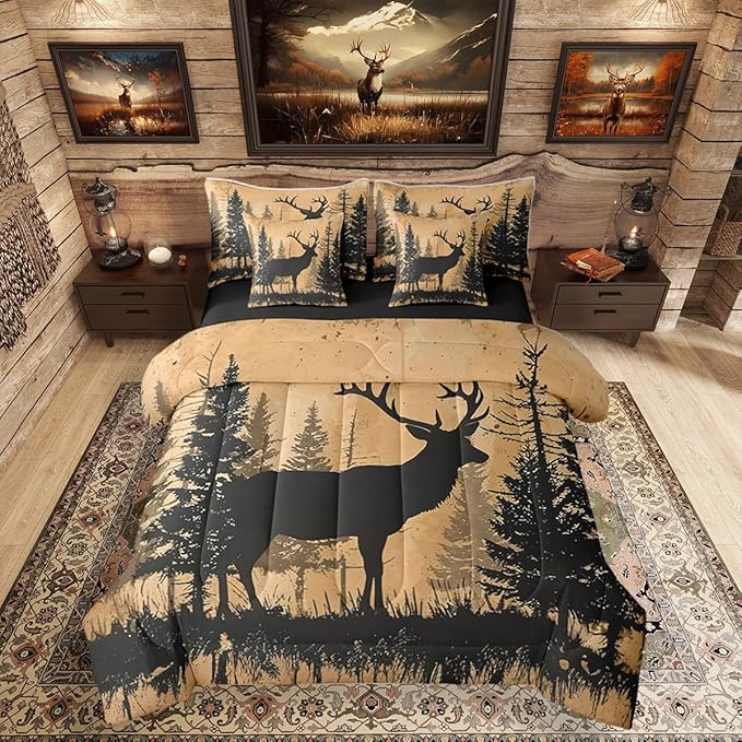 Erosebridal Twin Size Deer Hunting Comforter Set with Sheets 7 Pcs | Rustic Cabin Lodge Bedding Set for Kids Boys Girls Cute Deer Silhouette Bed in A Bag Country Woodland Farmhouse Quilt Sets