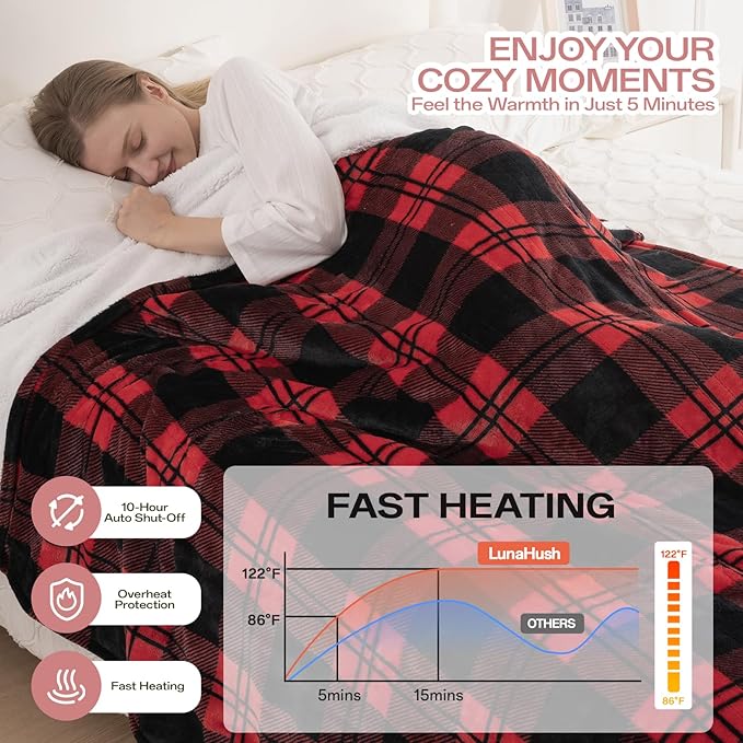 Electric Blanket Heated Twin Size-62" x 84" Red Plaid Heated Blanket with 8 Heat Levels & 10 Hours Auto Off, Fast Heating Blankets with ETL & FCC Certification