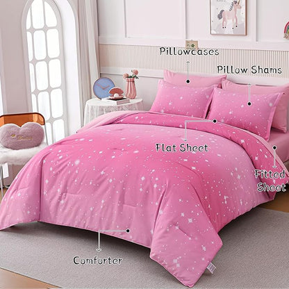 Drucon Pink Glitter Comforter Set Queen Size for Teen Girls, Ombre Galaxy Bedding Set 7 Pieces Bed in A Bag (1 Comforter, 1 Flat Sheet, 1 Fitted Sheet, 2 Pillow Shams, 2 Pillowcases)