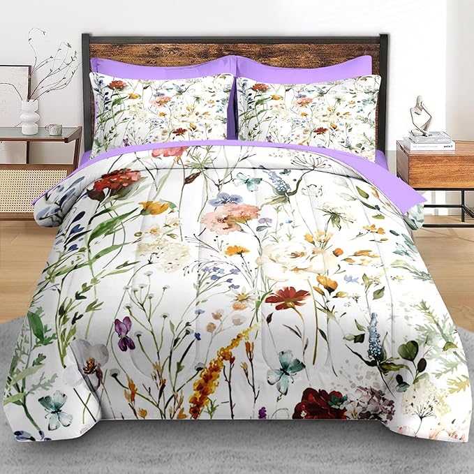 Comforter Set Queen Size, Wildflower Floral 7 Pcs Bedding for Kids and Adults, Boho Red Rose Butterfly Bed Sheet Sets with Fitted Sheet 2 Pillowcases & 2 Shams for Bedroom Bed Decor