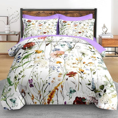 Comforter Set King Size, Wildflower Floral 7 Pcs Bedding for Kids and Adults, Boho Red Rose Butterfly Bed Sheet Sets with Fitted Sheet 2 Pillowcases & 2 Shams for Bedroom Bed Decor