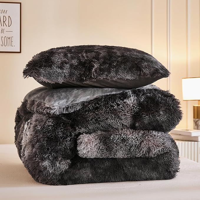 Andency Faux Fur Tie-Dyed Dark Grey Comforter for Queen Size Bed, 3 Pieces Fluffy Fuzzy Plush Bedding Comforter Set (1 Shaggy Velvet Comforter & 2 Pillowcases)