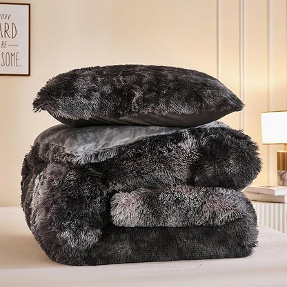 Andency Faux Fur Tie-Dyed Dark Grey Comforter for Queen Size Bed, 3 Pieces Fluffy Fuzzy Plush Bedding Comforter Set (1 Shaggy Velvet Comforter & 2 Pillowcases)