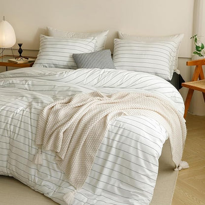 CLOTHKNOW Striped King Size Comforter Set White Black Bedding Comforter Sets Farmhouse Black Stripes Comforter with 2 x Pillow Cases