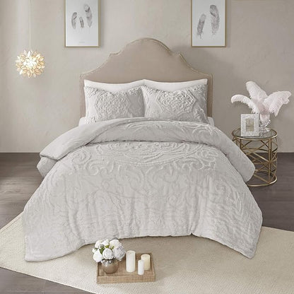 Madison Park Laetitia Comforter Bohemian Tufted Cotton Chenille, Medallion Shabby Chic All Season Down Alternative Bed Set with Matching Shams, Floral Grey Full/Queen(90"x90") 3 Piece