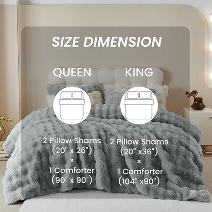Simple&Opulence Fluffy Faux Fur Comforter Set, Plush Fuzzy Minky Bedding Set 3 Pieces Warm Soft Comforter Bedding Set for Winter - 1 Shaggy Comforter with 2 Pillow Shams (King, Light Grey)