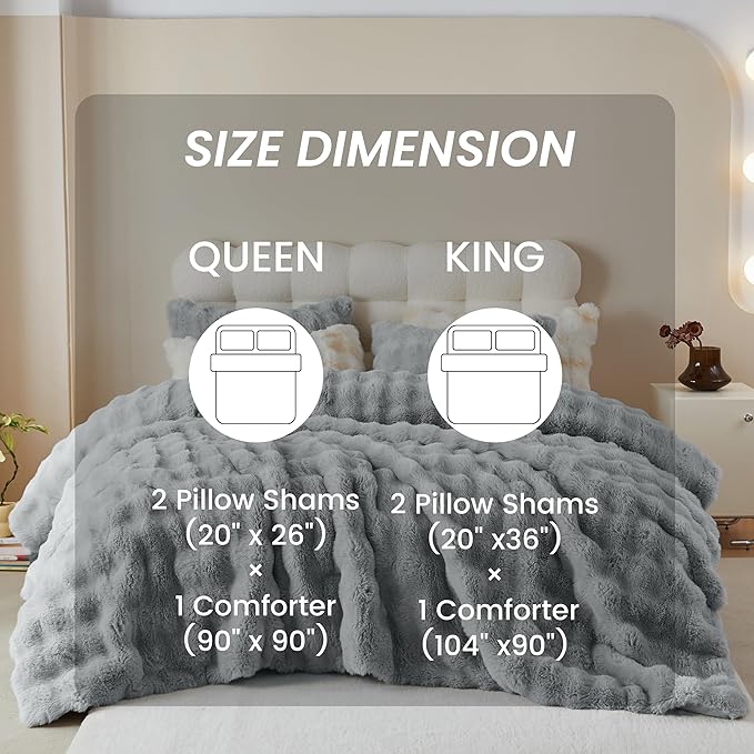 Simple&Opulence Fluffy Faux Fur Comforter Set, Plush Fuzzy Minky Bedding Set, 3 Pieces Warm Soft Comforter Bedding Set for Winter - 1 Shaggy Comforter with 2 Pillow Shams(Queen, Light Grey)