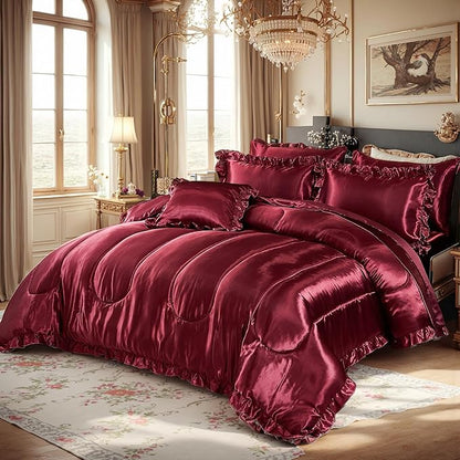 Silk Like Satin Comforter Set with Sheet Set Queen 8 Pcs Burgundy Satin Bedding Set Silky Ruffle Pattern Home Deocr Luxury Hotel Silky Bed in a Bag with 1 Cushion Cover