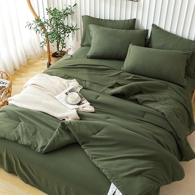7-Piece Queen Bed in a Bag, Super Soft Queen Sheet Set with Comforter, Solid PolyCotton All Season Down Alternative Comforter 1 Flat Sheet Fitted Sheet 2 Pillow Case 2 Pillowsham, Olive Green