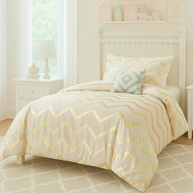Codi Teen Bedding Set Twin Size, Cute Ivory & Gold Comforter Sets for College Dorm Girls, 3 Pieces - All Seasons Warm