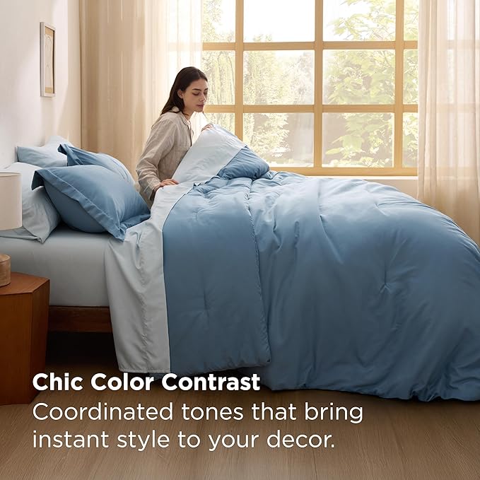 Bedsure Full Size Comforter Set - 7 Pieces Grayish Blue Full Bedding Set for All Seasons, Boho Contrasting Design Bed in a Bag with Comforter, Sheets, Pillowcases & Shams