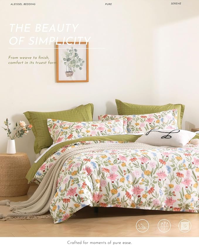 Luxurious Cotton 3pcs Floral Comforter Sets King Size - Blush, Yellow & Blue Spring Garden Floral Prints on White, Warm Olive Green Reverse,Vintage Lightweight Bedding Sets(King 104"×90")