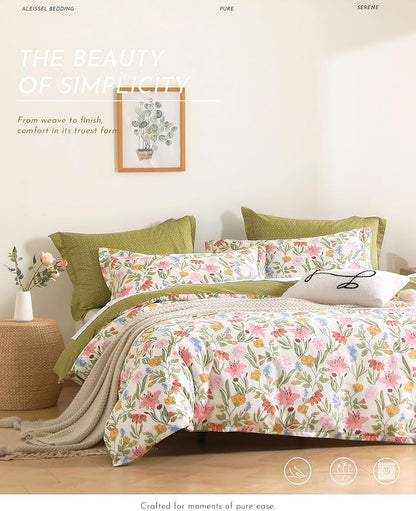Luxurious Cotton 3pcs Floral Comforter Sets King Size - Blush, Yellow & Blue Spring Garden Floral Prints on White, Warm Olive Green Reverse,Vintage Lightweight Bedding Sets(King 104"×90")