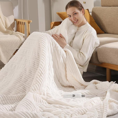 Electric Blanket Twin Heated Blanke 62"x84" Striped Flannel & Thick Sherpa, 5 Heat Settings & 10 Hour Auto Off with FCC/ETL Certified, Overheat Protection & Machine Washable, White