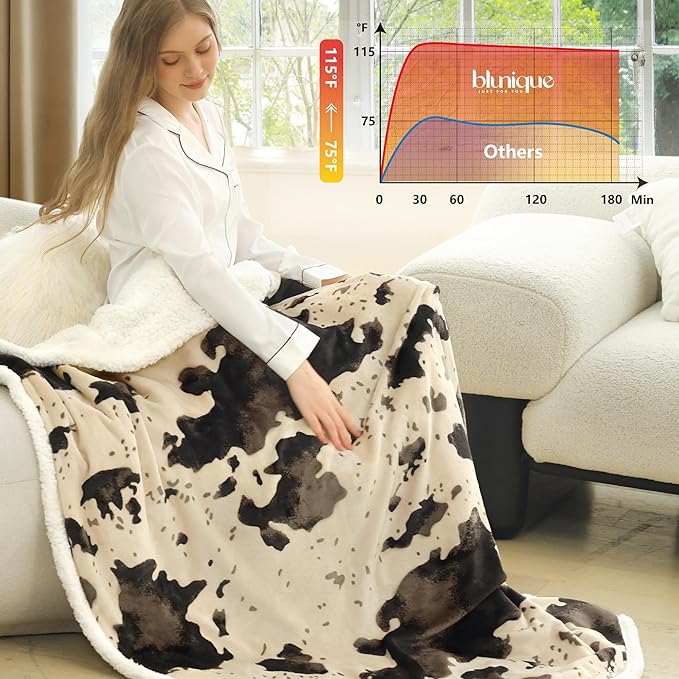Cow Print Heated Throw Blanket Electric Blanket-Heating Blanket Throw with 10 Heat Levels & 10 Hours Auto-Off, Cozy Soft Fleece Sherpa, Washable, 50 x 60 Inches Cow Print Light Brown