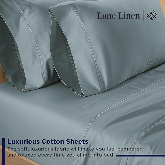 LANE LINEN 100% Cotton 600 Thread Count Twin Bed Sheets - Mercerized Cotton Fully Elasticized Sheets Twin Size, Ultra Soft & Comfy Sateen Weave Bedding Sheets & Pillowcases Sets - French Blue