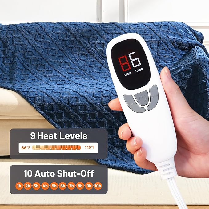 Heated Blanket Electric Queen Size - 84"x90" Electric Blanket with Dual Control, 9 Heat Levels and 1-10 Hours Timer, Soft Jacquard Fleece & Sherpa Washable, Great Gift Idea - Navy Blue