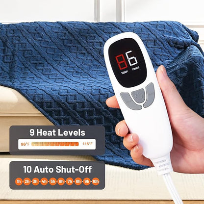 Heated Blanket Electric Twin Size - 62"x84" Electric Blanket with 9 Heat Levels and 1-10 Hours Timer, Soft Jacquard Fleece & Sherpa Washable, Great Gift Idea - Navy Blue